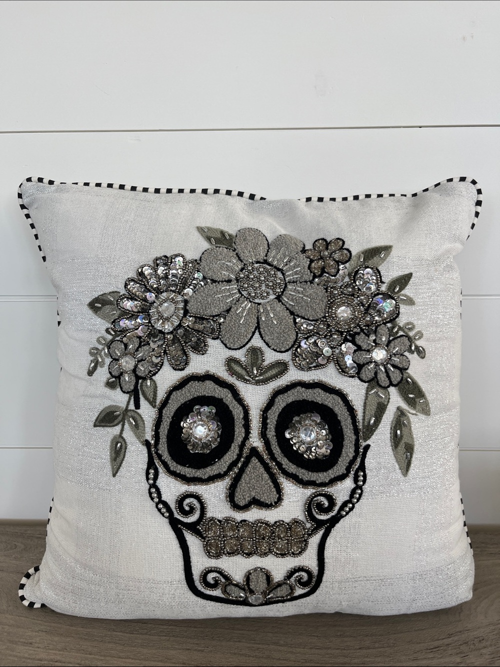 Rare Ornate Sugar Skull Day Of Dead Halloween Skeleton Pillow Beaded Embroidered